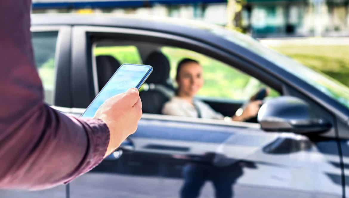 Ride share. Rideshare car app. Taxi cab driver mobile service in phone. Customer and passenger waiting in street. Online order and request from passenger. Private drive in city. Happy man and woman.