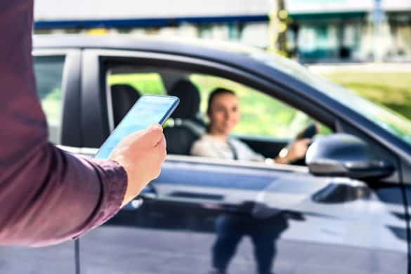 Ride share. Rideshare car app. Taxi cab driver mobile service in phone. Customer and passenger waiting in street. Online order and request from passenger. Private drive in city. Happy man and woman.