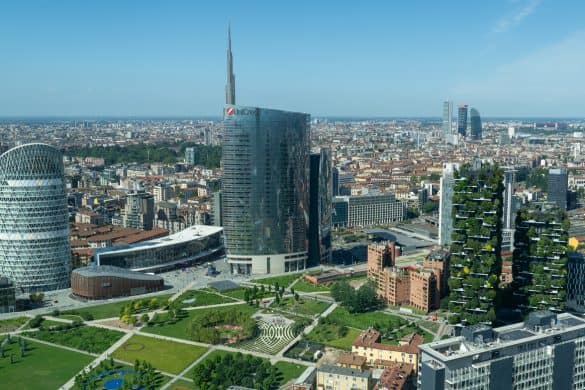 Milano, Italy. Amazing aerial landscape of the iconic Unicredit tower, UnipolSai tower, the Bosco Verticale and BAM public park. Super view of the Porta Nuova district