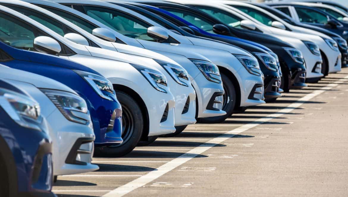 Le Havre, France - June 16, 2021: Brand new Renault cars are lined up in the parking lot of the roll-on/roll-off (ro-ro) terminal of Le Havre port.