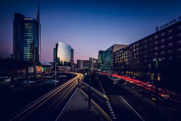 MILAN, ITALY - FEBRUARY 04,2016: Milan Porta Garibaldi district. The Unicredit Bank skyscraper , at dusk.