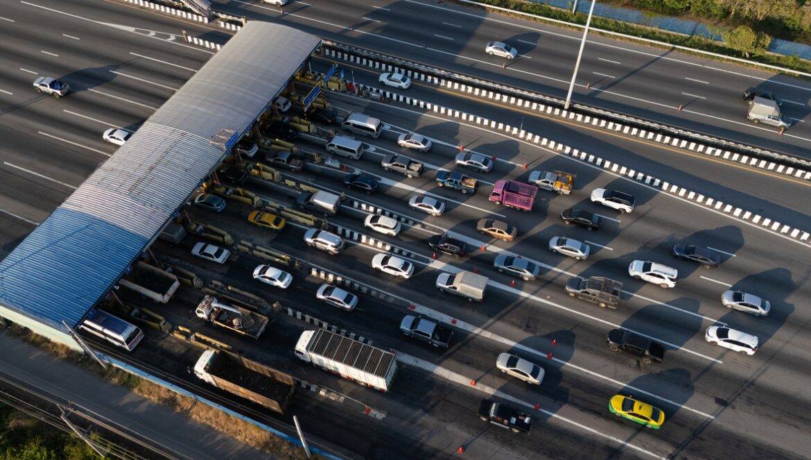 Aerial view gate for expressway fee payment in the city.