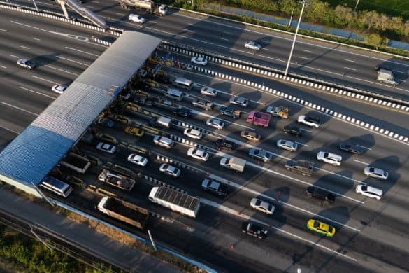 Aerial view gate for expressway fee payment in the city.