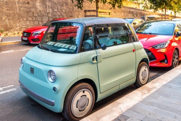 Nice, French Riviera, France - August 30, 2025: New Fiat Topolino - the electric microcar for the city, parked in Nice city center
