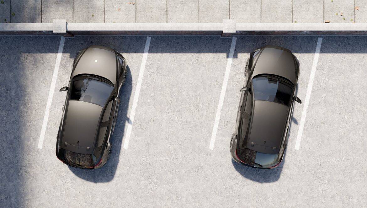 3D Rendering. Empty parking lots, aerial view.