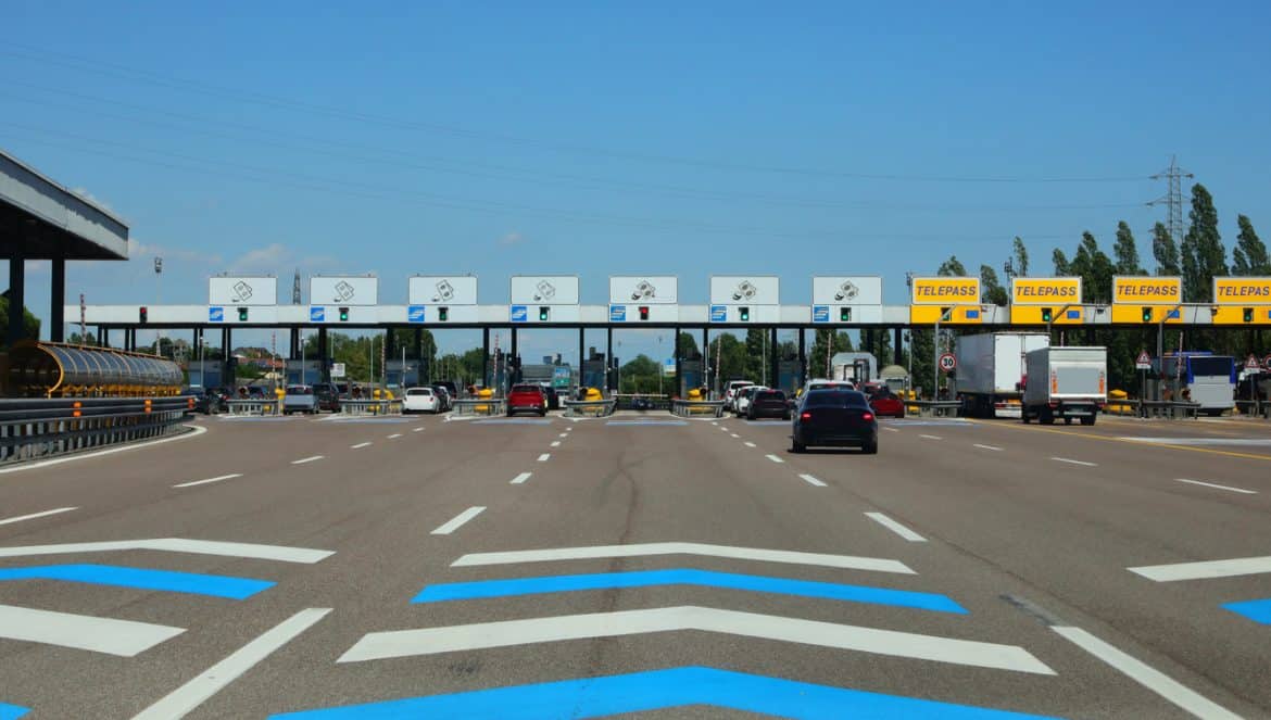 Mestre, VE, Italy - July 8, 2022: Exit Gates of an Italian Motorway and cars