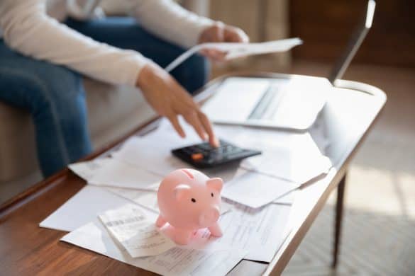 Close up of woman manage household finances feel economical provident saving money in piggy bank for future, female pay bills online, calculate home expenditures expenses, investment concept