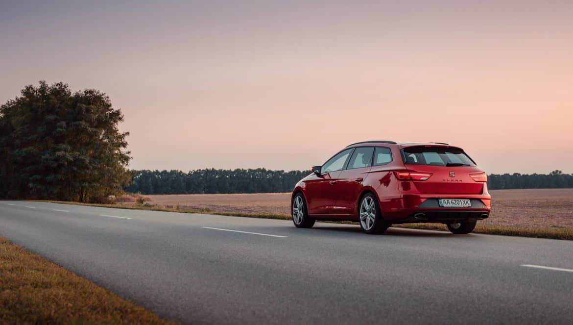 Rear three quarter view of sporty SEAT wagon at sunset. Kyiv region, Ukraine - August 20 2019.