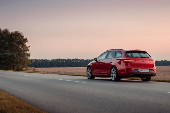 Rear three quarter view of sporty SEAT wagon at sunset. Kyiv region, Ukraine - August 20 2019.