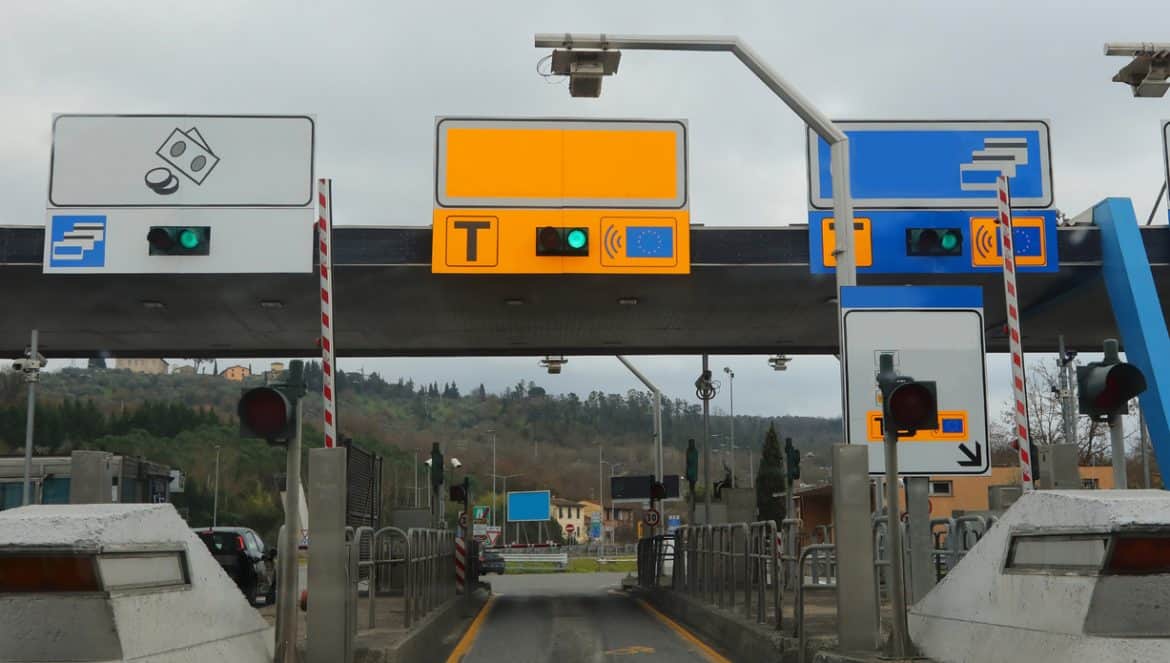 Motorway toll booth for payment of toll at the end of the motorway with cash or credit card