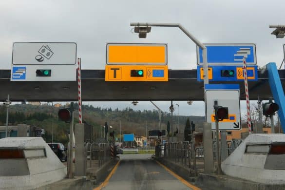 Motorway toll booth for payment of toll at the end of the motorway with cash or credit card