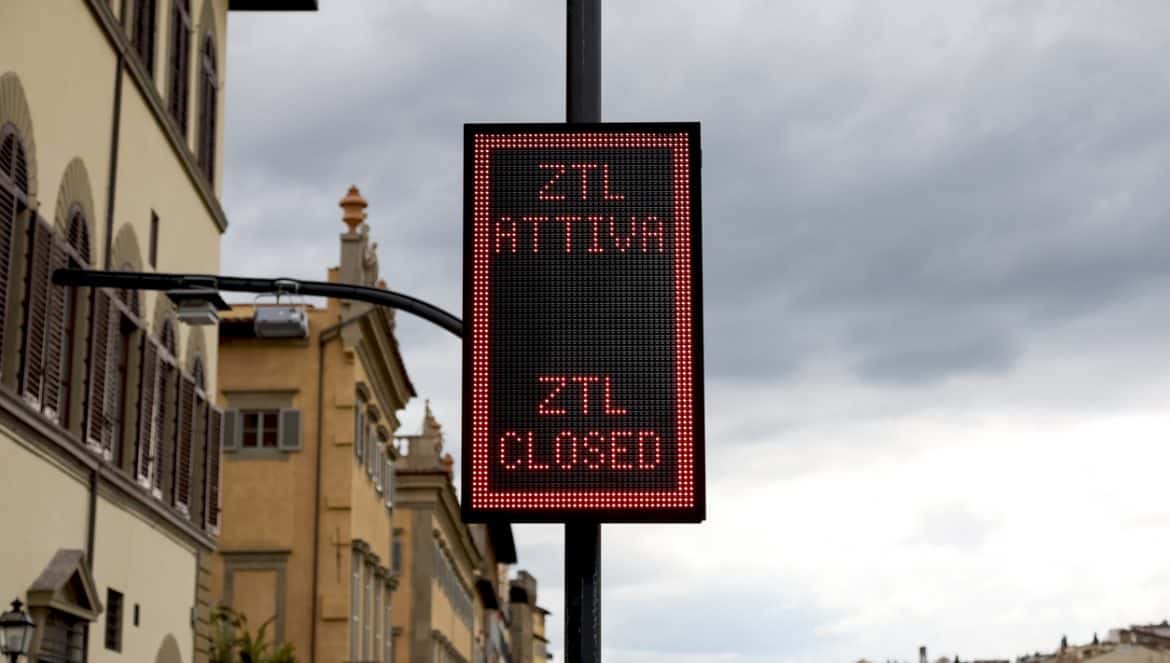 Florence, Italy - April 17, 2023: Limited traffic zone sign. ZTL is a traffic zone where car access is controlled to protect air quality, usually in the historic city centre.