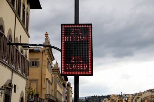 Florence, Italy - April 17, 2023: Limited traffic zone sign. ZTL is a traffic zone where car access is controlled to protect air quality, usually in the historic city centre.